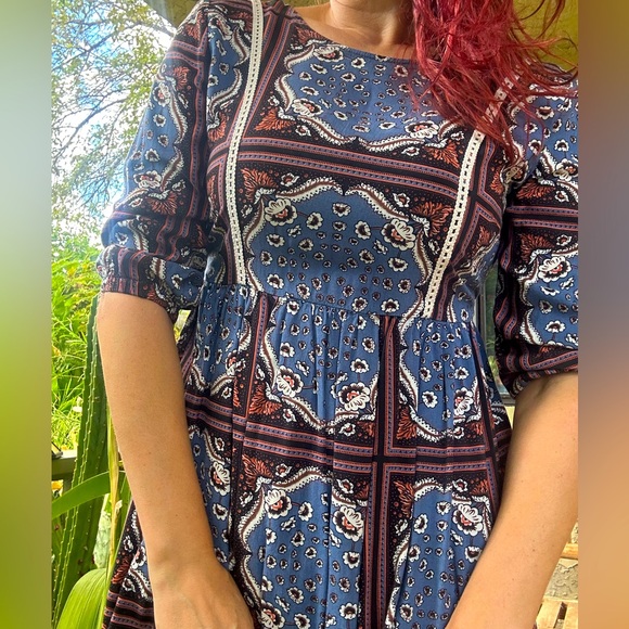 Boho Floral Evil Eye Dress 1960s 70s style wild blue x sodie robertson lace - Picture 2 of 9